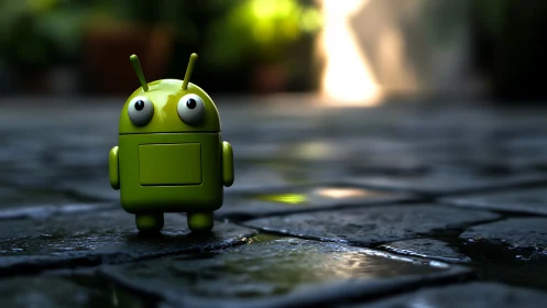 Green toy robot stands on wet cobblestone ground