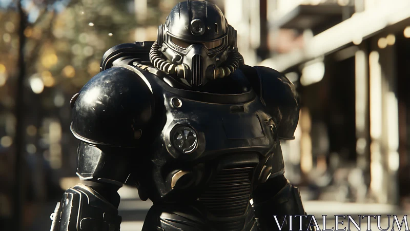 Armored exosuit sentinel in sunlit urban depth-of-field shot.