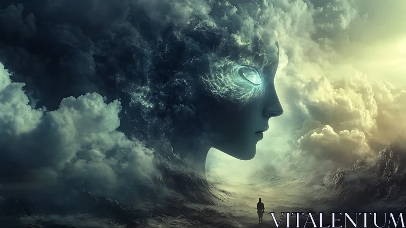 Colossal stormborne visage observing solitary terrestrial wanderer.