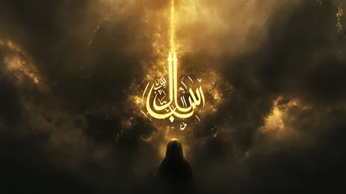 Golden calligraphy ascends through stormlit celestial clouds.