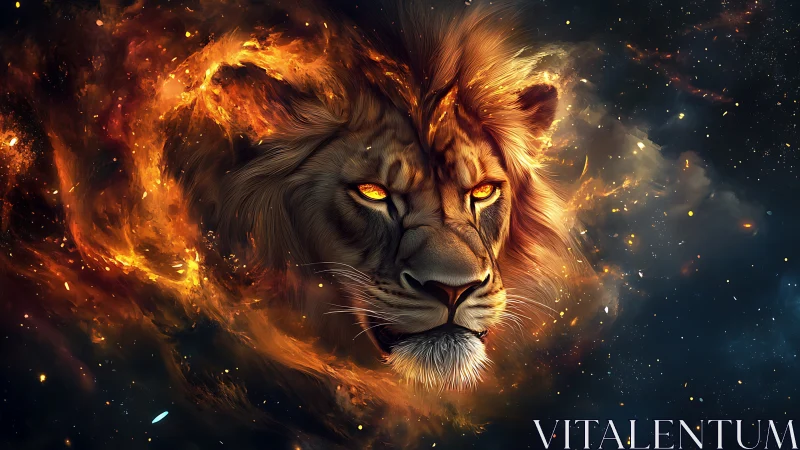 Lion head merges with fiery cosmic nebula in dark space