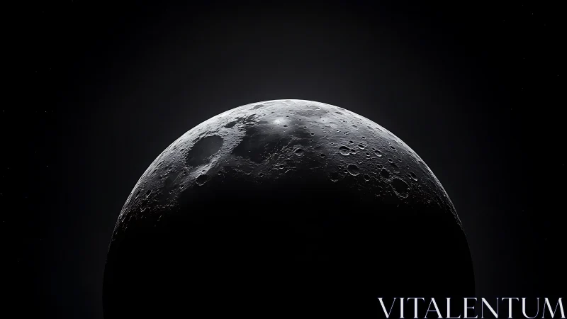 Lunar crescent reveals cratered surface against deep black void