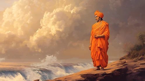 Solitary monk in saffron robes confronting a luminous storm sea