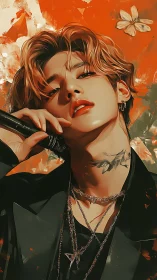 Velvet-voiced idol beneath autumn embers of spotlighted swagger.