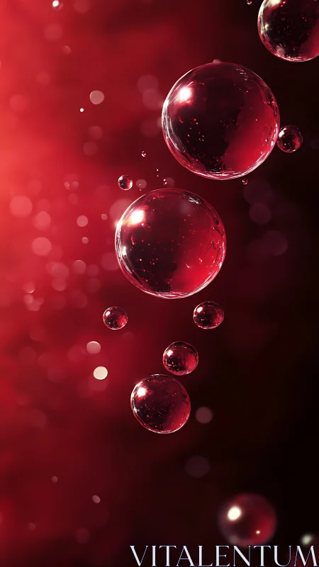 Crimson bubbles drift upward like tiny polished planets in wine