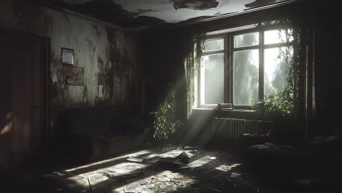 Sunlit vines reclaim a forgotten living room hushfully.