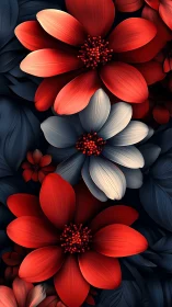 Digital Petals: Crimson and Ivory Blooms Dance.