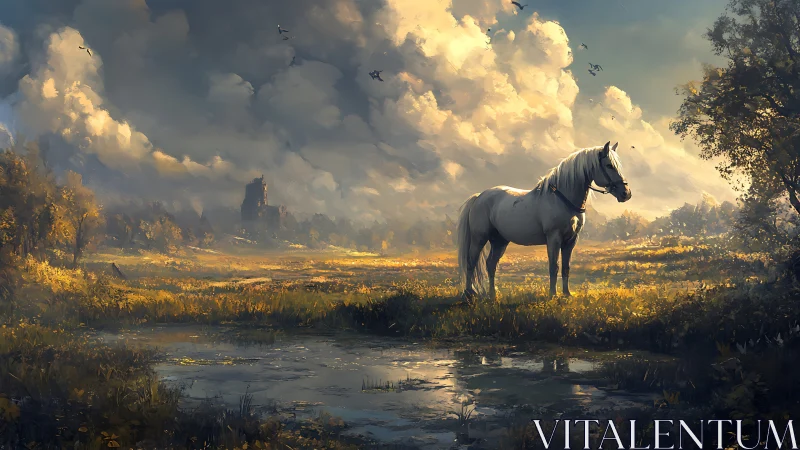 Gentle white horse under roaming clouds in golden meadow.