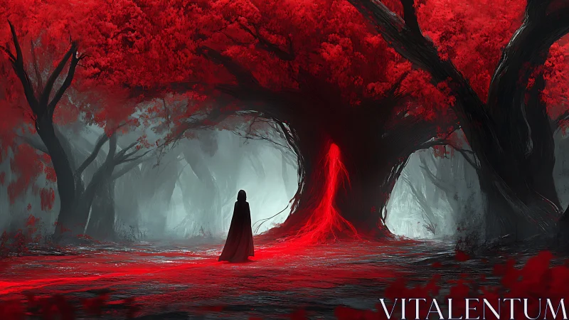 Cloaked figure in red forest before glowing central tree.