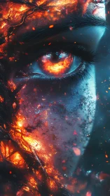 Fiery eye gazes through swirling embers and creeping frost