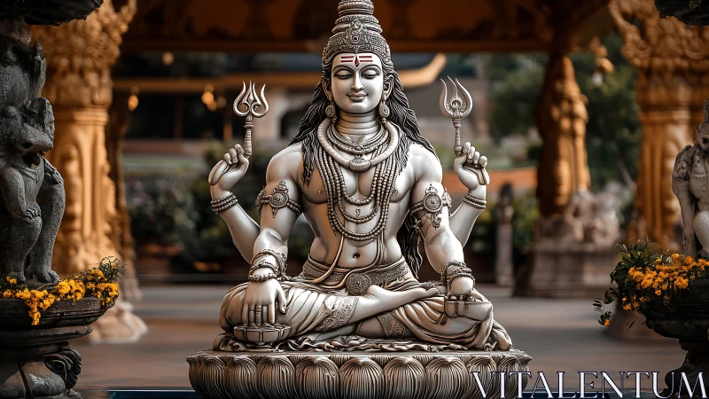 Serene Shiva statue rests in ornate temple courtyard light