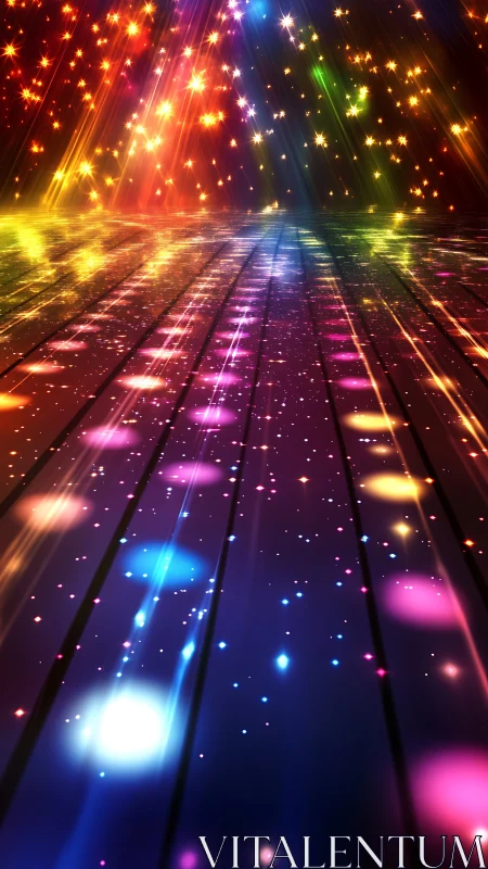 Luminous neon dance floor extends toward radiant starfield