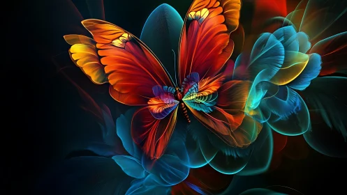 Vivid digital butterfly over luminous abstract petals.
