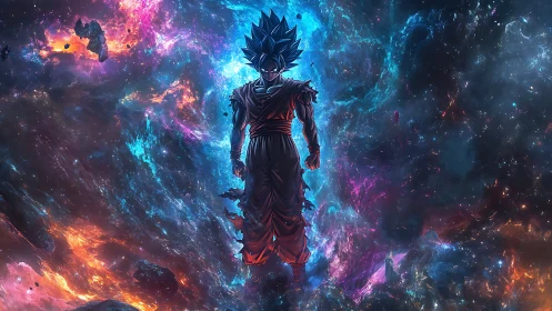 Blue-haired anime warrior floating in cosmic energy field.