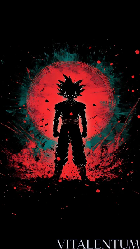 Silhouetted warrior before red energy burst circle.