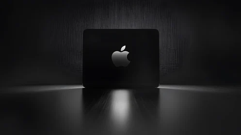 Black Apple laptop on reflective surface in dark studio.