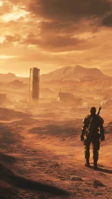 Armored wanderer in orange sci fi desert wasteland scene.