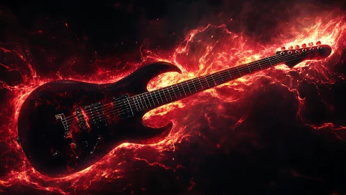 Electric guitar forged in blazing red inferno firestorm.