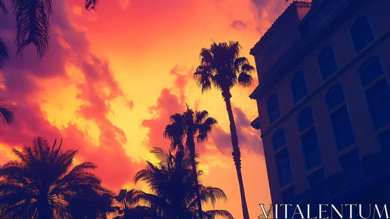 Palm trees burn against a neon sunset over city balconies