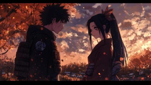 Autumn-lit anime couple framed by backlit foliage and warm dusk