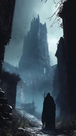 Wanderer on a misty path toward a crumbling night tower.