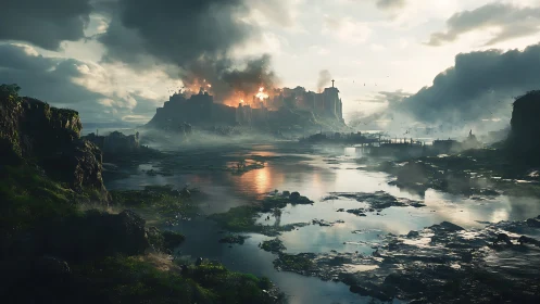 Cinematic ruin landscape with burning coastal fortress at dusk.