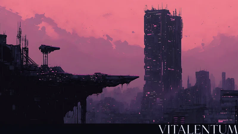 Futuristic megastructure skyline under neon magenta dusk light