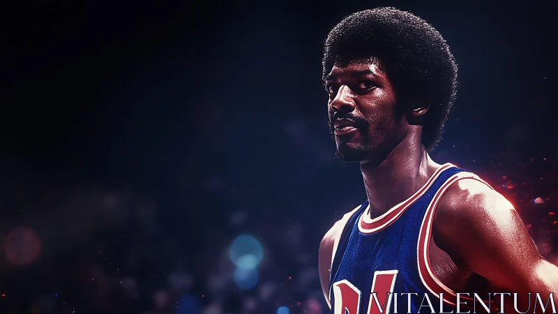 Retro style portrait of basketball player in blue jersey.