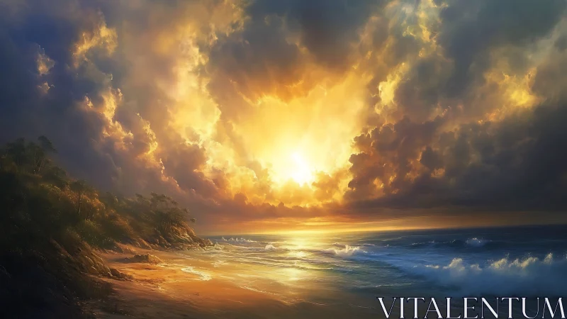 Sunset light over cloudy seascape and sandy shoreline.