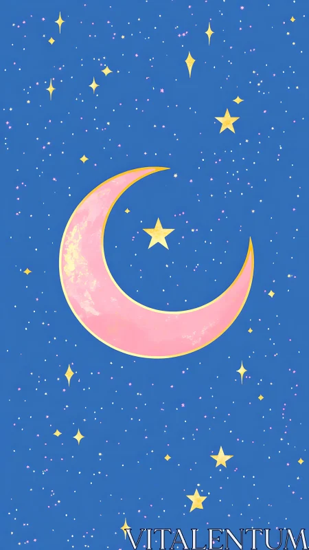 Candy-colored crescent moon cradles a lone golden star