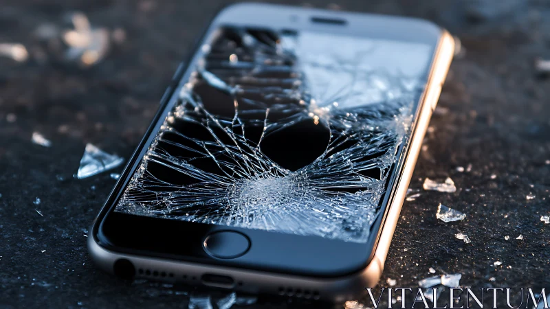 Shattered smartphone screen lies on rough pavement after impact.