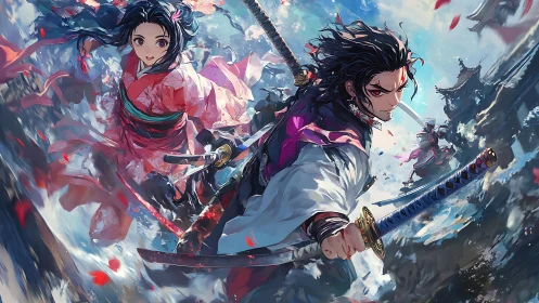 Samurai duo in dynamic skyward sword battle scene.