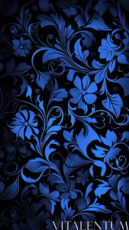 Electric blue floral arabesque curls over black background