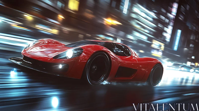 Red sports car accelerates through wet neon city street