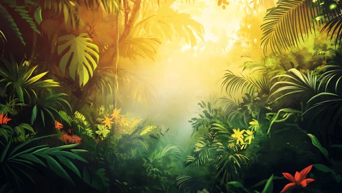 Sunlit Tropical Jungle with Flowering Canopy