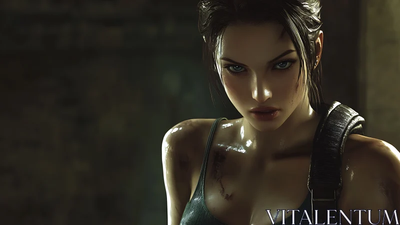 Intense digital portrait of armed female adventurer.