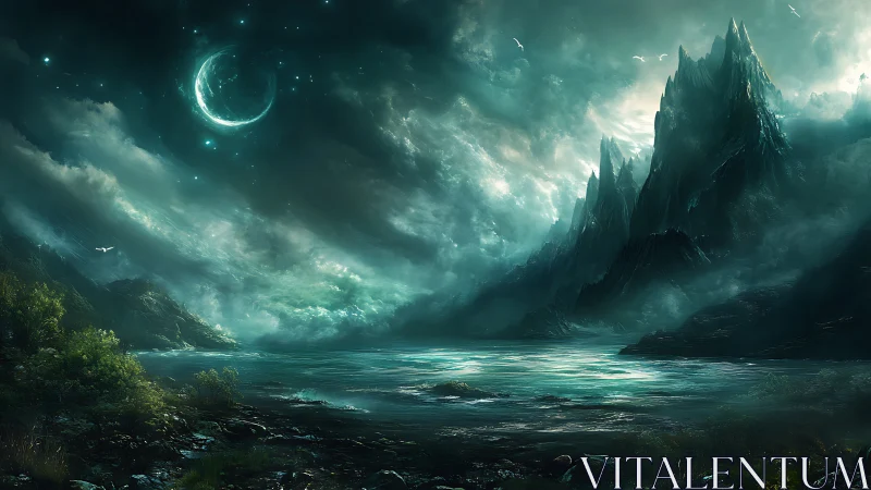 Emerald moonlit fjord under towering jagged peaks.