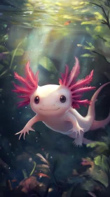 Luminescent axolotl gliding through sunlit aquatic forest.