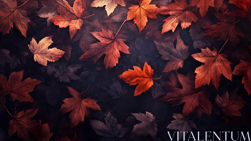 Warm autumn maple leaves resting on a deep twilight forest floor.