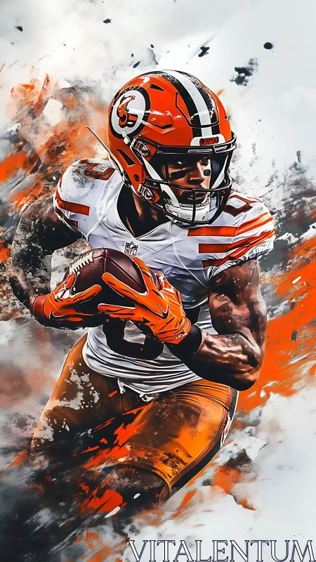 Dynamic football runner surges through abstract orange smoke.