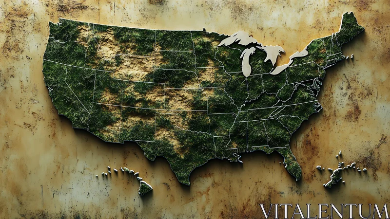 Verdant relief map of the United States on weathered brass.