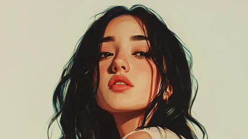 Digital portrait of woman with dark hair and neutral gaze.