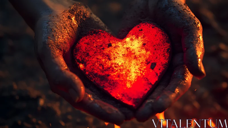 Incandescent Heart Form Held Between Charred Hands. Thermographic.