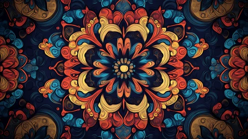 Ornate floral mandala with swirling red, gold, and teal forms.