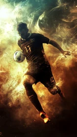 Male soccer player in mid-stride amid abstract light field.