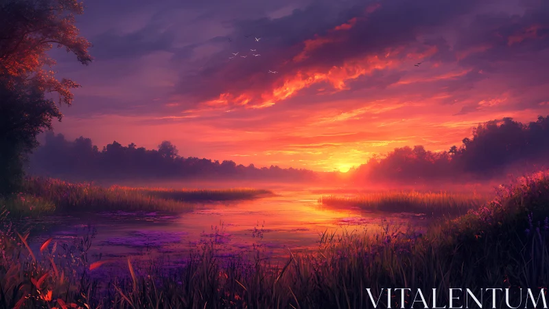Spectral dusk over wetland estuary with volumetric haze rendering.