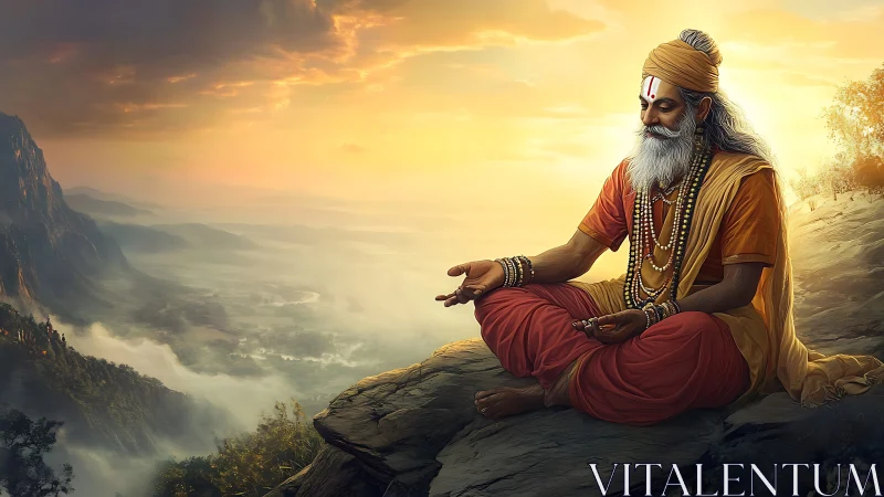 Sunrise whispers around the meditating sage on cliff’s edge