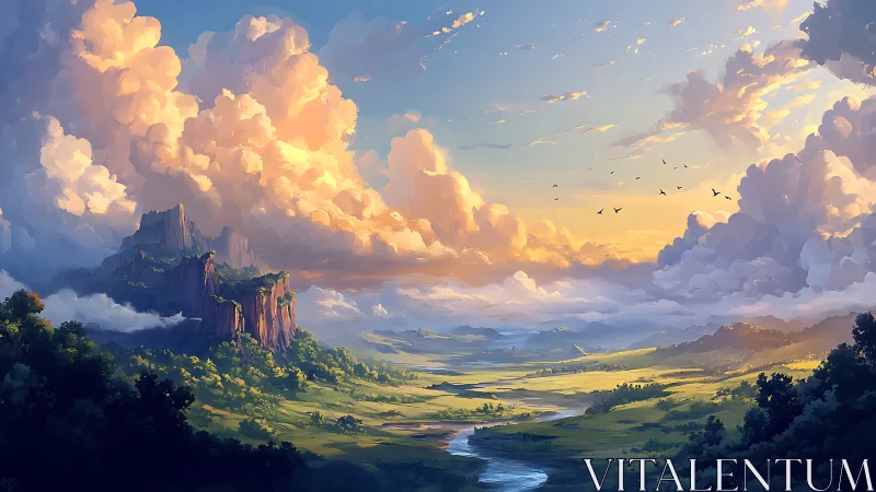 Sunlit fantasy valley unfolds beneath monumental cumulus clouds