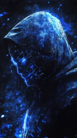 Cyber hooded figure glows with electric blue circuitry haze.