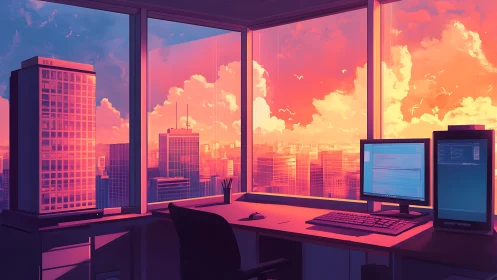Sunset office skyline with glowing coder’s quiet desk.